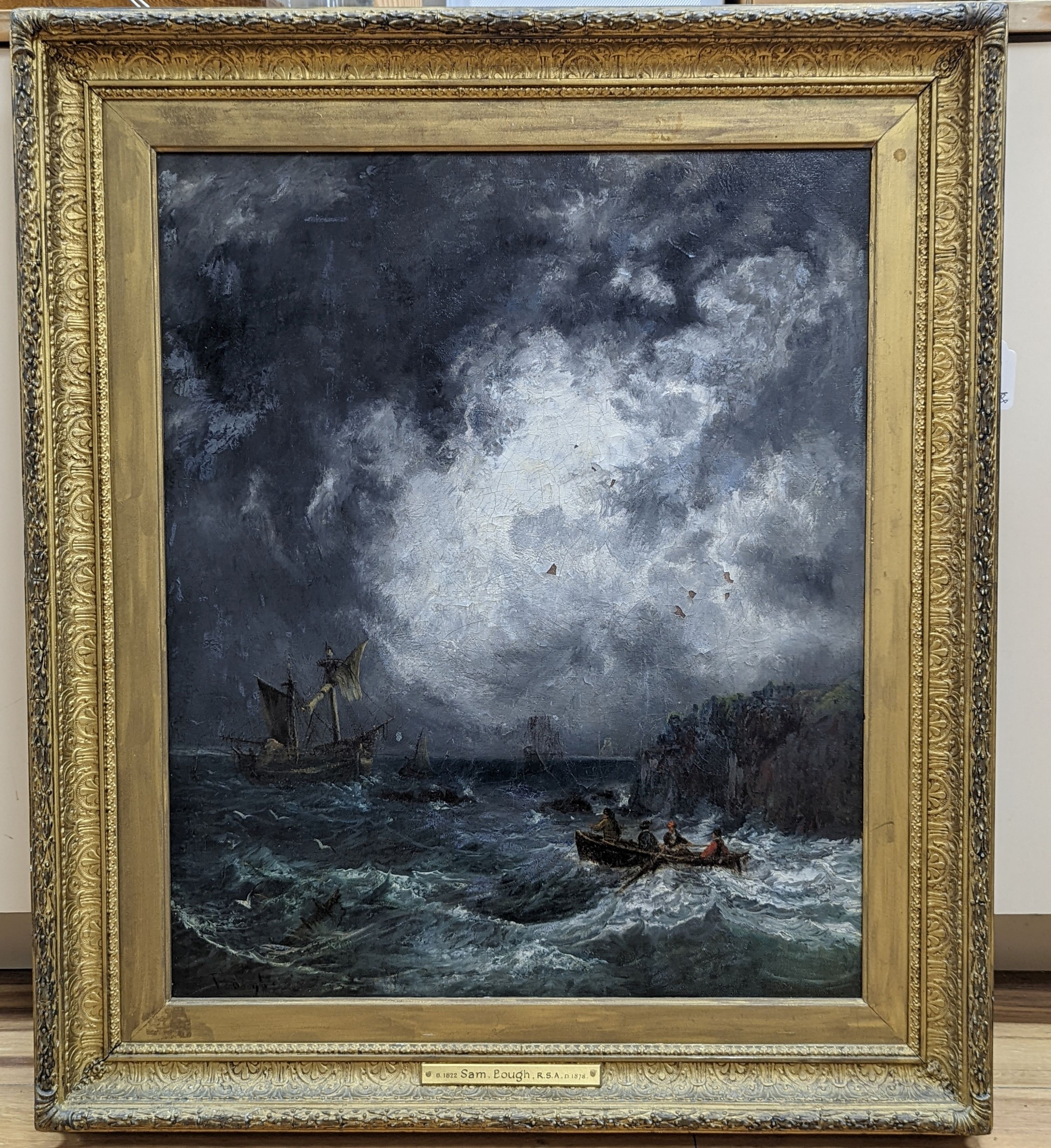 Samuel Bough (1822-1878), oil on canvas, Stormy coastal landscape with rowing boat setting out to a distressed ship, signed, 60 x 50cm